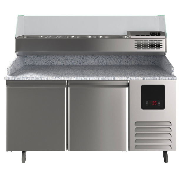 Banco refrigerato a 2 ante per la preparazione della pizza + barra portacondimenti da 167 cm con schermo protettivo