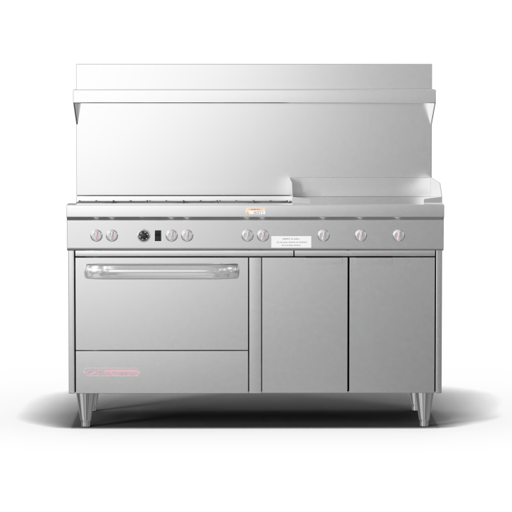 S-Series, Gas, 60″, 24″ Thermostatic Griddle, 6 Non-Clog Burners, Convection Oven, Cabinet Base – Natural Gas, 251000 Total BTUs